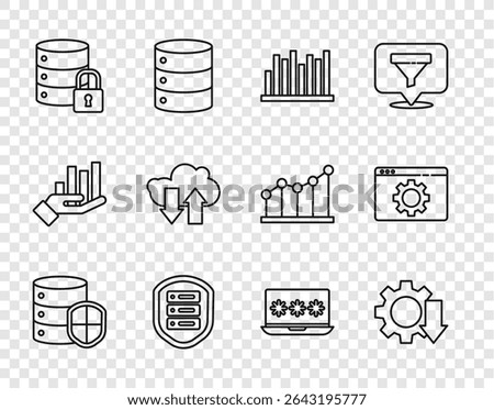 Set line Server with shield, Cost reduction, Pie chart infographic, security lock, Cloud download and upload, Laptop password and Browser setting icon. Vector