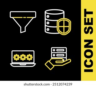 Defina a linha Servidor com escudo, Servidor, Dados, Hospedagem na Web, Senha do laptop e ícone do funil de vendas. Vetor