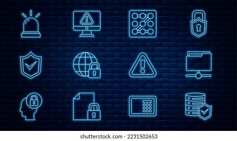 Set line Server with shield, FTP folder, Graphic password protection, Global lockdown, Shield check mark, Motion sensor, Exclamation in triangle and Monitor exclamation icon. Vector