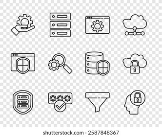 Set line Server with shield, Human head lock, Browser setting, Password protection, Hand settings gear, Magnifying glass, Sales funnel and Cloud computing icon. Vector