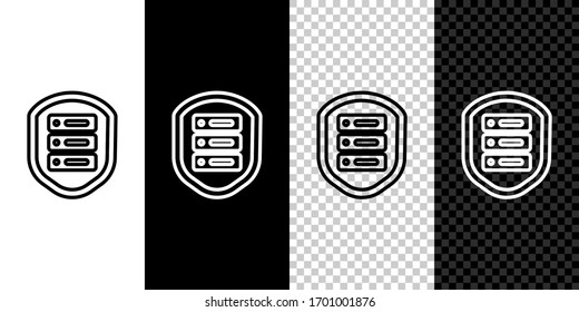 Set line Server with shield icon isolated on black and white background. Protection against attacks. Network firewall, router, switch, data. Vector Illustration