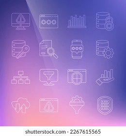 Set line Server with shield, Pie chart infographic, and gear, Document search, security key, Monitor exclamation mark and Mobile password icon. Vector