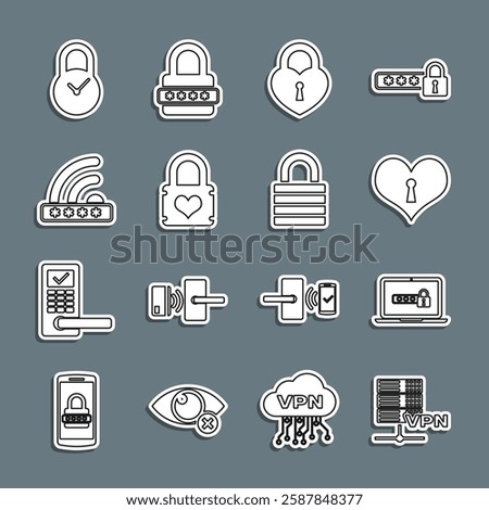 Set line Server VPN, Laptop with password, Heart keyhole, Castle in the shape of heart, Padlock, Wifi locked, clock and Lock icon. Vector