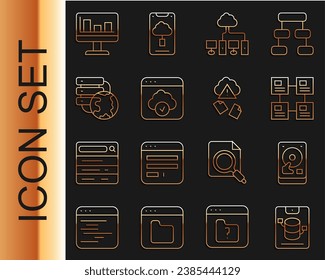 Set line Server, Web Hosting, Hard disk drive HDD, Hierarchy organogram chart, Computer network, Cloud technology data transfer, Network cloud connection, Monitor with graph and hacking icon. Vector