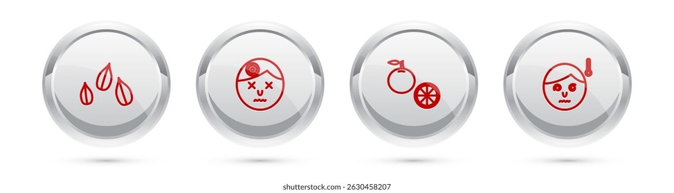 Set line Sesame seeds, Man having headache, Orange fruit and High human body temperature. Silver circle button. Vector