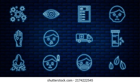 Set line Sesame seeds, Medicine bottle and pills, Clinical record, Runny nose, Hand with psoriasis eczema, Bacteria, Emergency car and Reddish eye allergic conjunctivitis icon. Vector