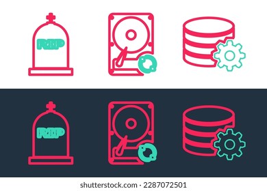 Set line Setting database server, Tombstone with RIP written and Hard disk drive HDD sync refresh icon. Vector