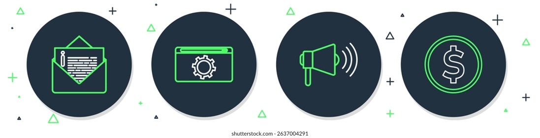 Set line Setting, Megaphone, Envelope and Coin money with dollar icon. Vector