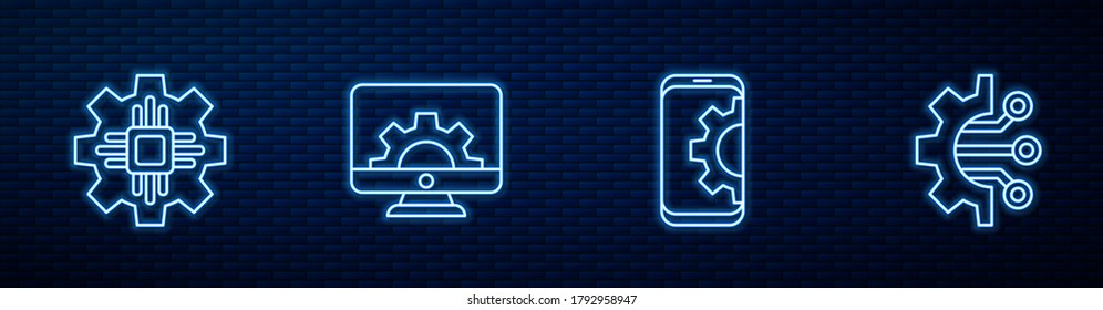 Set line Setting on smartphone, Processor, Computer monitor and gear and Algorithm. Glowing neon icon on brick wall. Vector