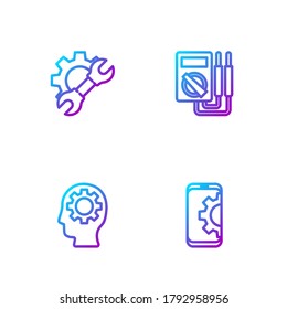 Set line Setting on smartphone, Human head with gear inside, Wrench spanner and and Multimeter. Gradient color icons. Vector