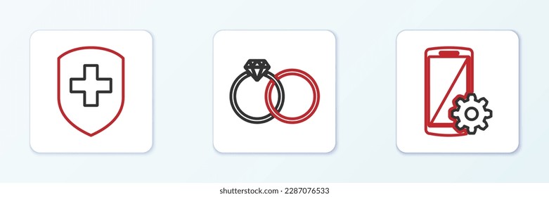 Set line Setting on smartphone, Medical shield with cross and Wedding rings icon. Vector