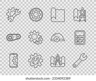 Set line Setting on smartphone, Wrench spanner, Graphing paper for engineering, and gear, Gear, compass and Calculator icon. Vector