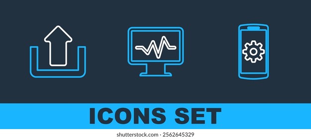 Set line Setting on smartphone, Upload and Monitor with cardiogram icon. Vector