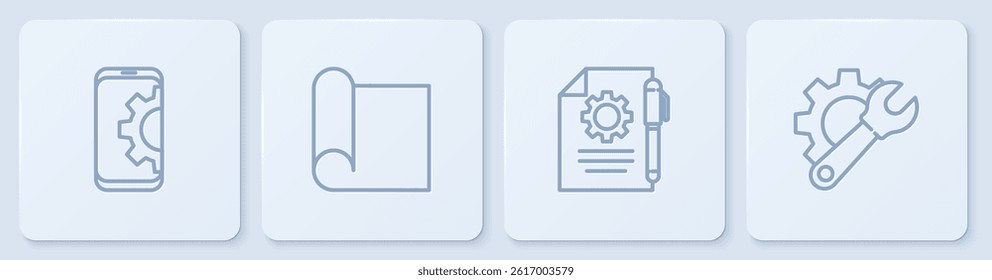 Set line Setting on smartphone, Document settings and pen, Graphing paper for engineering and Wrench spanner gear. White square button. Vector