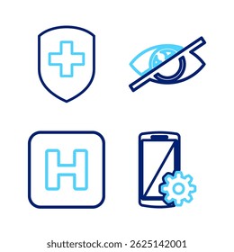 Set line Setting on smartphone, Hospital, Invisible or hide and Medical shield with cross icon. Vector