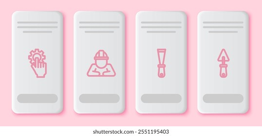 Set line Settings in the hand, Builder, Putty knife and Trowel. White rectangle button. Vector