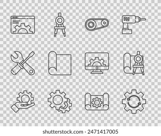 Einstellungen in der Hand festlegen, Zahnradpfeile als Workflow, Zahnriemensatz, Browsereinstellung, Grafikpapier für Engineering, Zahnrad und Kompasssymbol. Vektorgrafik