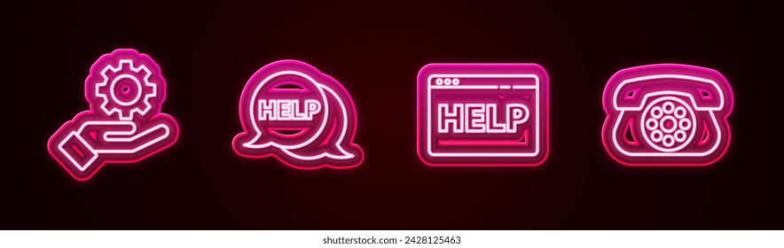 Establecer la configuración de línea en la mano, la burbuja de voz con ayuda de texto, la ayuda del navegador y el teléfono. Icono de neón brillante. Vector