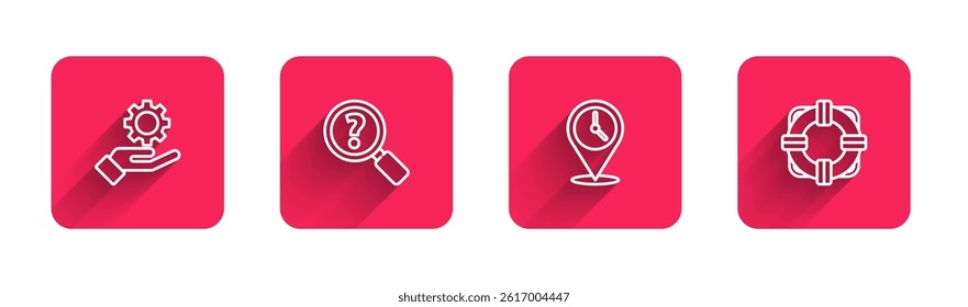 Set line Settings in the hand, Unknown search, Location with clock and Lifebuoy with long shadow. Red square button. Vector