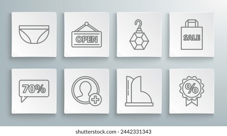 Set line Seventy discount percent tag, Hanging sign with Open, Create account screen, Waterproof rubber boot, Discount, Earring, Shoping bag Sale and Underwear icon. Vector