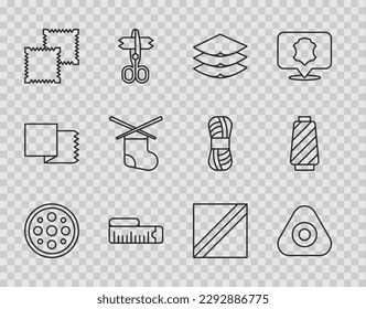 Set line Sewing button, chalk, Layers clothing textile, Tape measure, Textile fabric roll, Knitting needles,  and thread spool icon. Vector