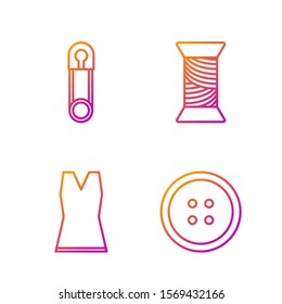 Set line Sewing button for clothes, Woman dress, Classic closed steel safety pin and Sewing thread on spool. Gradient color icons. Vector