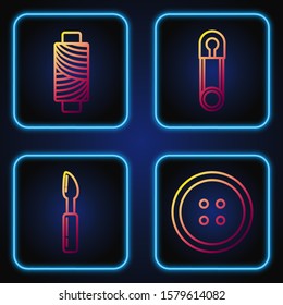 Set line Sewing button for clothes, Cutter tool, Sewing thread on spool and Classic closed steel safety pin. Gradient color icons. Vector