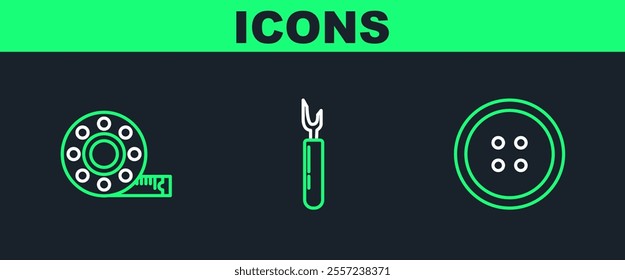 Set line Sewing button for clothes, Tape measure and Cutter tool icon. Vector