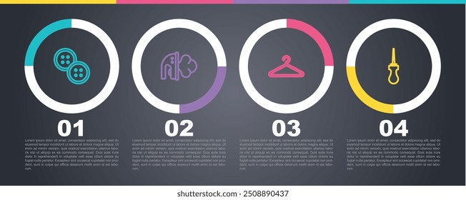 Set line Sewing button, Electric iron, Hanger wardrobe and Awl tool. Business infographic template. Vector