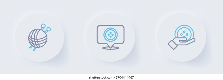 Definir linha Botão de costura, loja de alfaiate local e bola de fio com agulhas de tricô ícone. Vetor