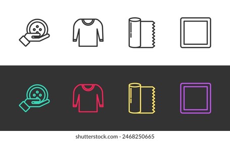 Botón de costura, suéter, rollo de tela textil y patrón en blanco y negro. Vector