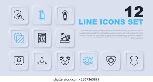 Set line Sewing chalk, Leather, Washer, Layers clothing textile, Hanger wardrobe, pattern and Teddy bear plush toy icon. Vector