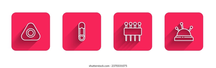 Set line Sewing chalk, Safety pin, Needle for sewing and bed and needles with long shadow. Red square button. Vector