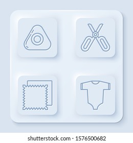 Set line Sewing chalk, Scissors, Textile fabric roll and Baby clothes. White square button. Vector