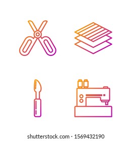 Set line Sewing machine, Cutter tool, Scissors and Textile fabric roll. Gradient color icons. Vector