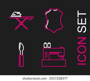 Set line Sewing machine, Cutter tool, Leather and Electric iron and ironing board icon. Vector