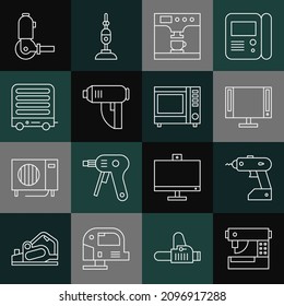 Fijar línea Máquina de coser, destornillador inalámbrico eléctrico, Tv inteligente, café y taza, secadora industrial, calentador, molinador de ángulo e icono de horno de microondas. Vector