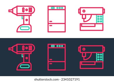 Set line Sewing machine, Electric cordless screwdriver and Refrigerator icon. Vector