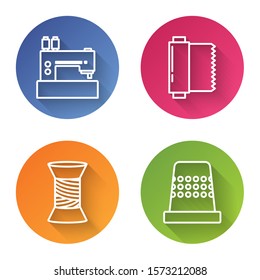Set line Sewing machine, Textile fabric roll, Sewing thread on spool and Thimble for sewing. Color circle button. Vector