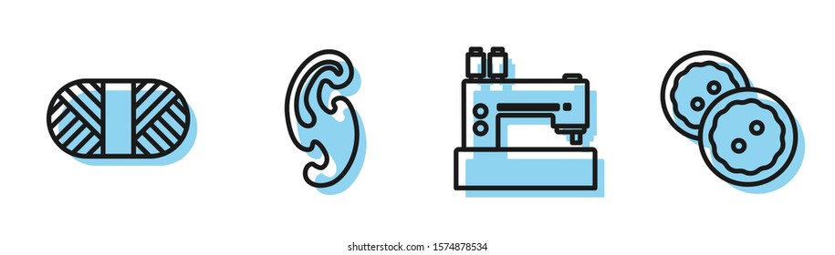 Set line Sewing machine, Sewing thread on spool, French curves and Sewing button for clothes icon. Vector