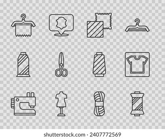 Set line Sewing machine, thread on spool, Textile fabric roll, Mannequin, Hanger wardrobe, Scissors, Yarn and pattern icon. Vector