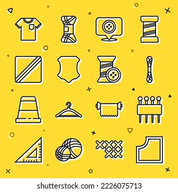 Set line Sewing Pattern, Needle for sewing, Yarn, Location tailor shop, Leather, T-shirt and thread and button icon. Vector