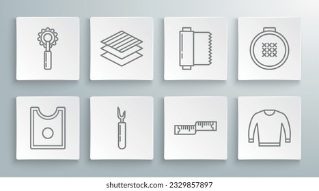 Set line Sewing Pattern, Textile fabric roll, Cutter tool, Tape measure, Sweater, Round adjustable embroidery hoop and  icon. Vector