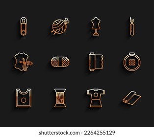 Set line Sewing Pattern, thread on spool, Classic closed steel safety pin, Woman dress, Textile fabric roll, Round adjustable embroidery hoop and  icon. Vector