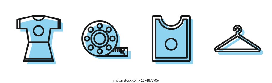 Set line Sewing Pattern, Woman dress, Tape measure and Hanger wardrobe icon. Vector