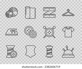 Set line Sewing thread and button, Needle bed needles, Tape measure, Leather, Yarn ball,  and T-shirt icon. Vector