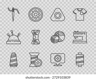 Línea de conjunto Hilo de coser, tiza y Botón, aguja para coser con, hilo, sastrería de Locación e ícono de máquina. Vector