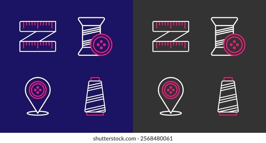 Set line Sewing thread, Location tailor shop, and button and Tape measure icon. Vector