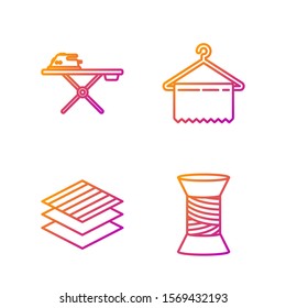 Set line Sewing thread on spool, Textile fabric roll, Electric iron and ironing board and Hanger wardrobe. Gradient color icons. Vector