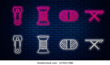 Set line Sewing thread on spool, Sewing thread on spool, Zipper and Ironing board. Glowing neon icon on brick wall. Vector